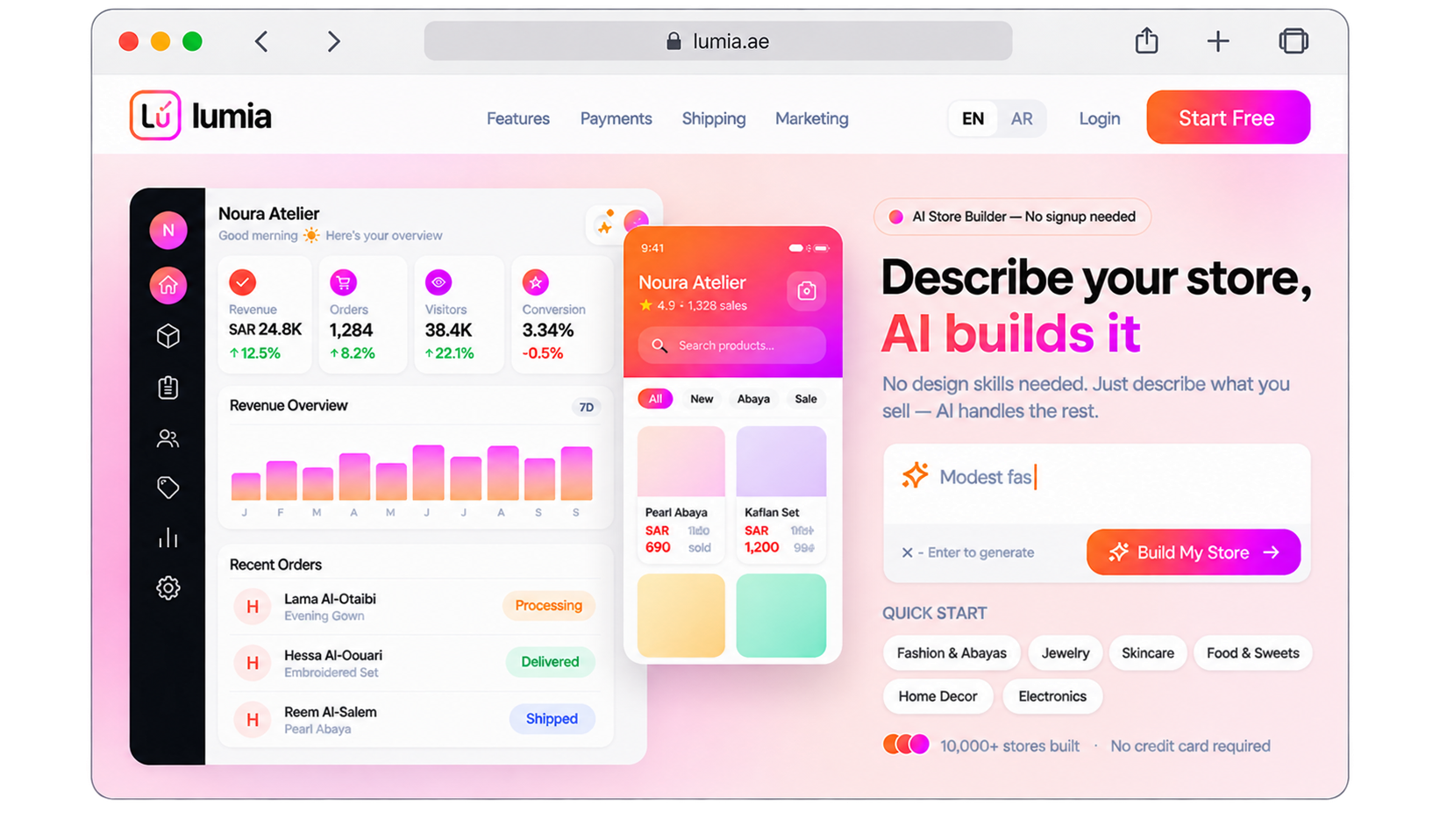 Lumia AI store builder and seller dashboard in a browser window