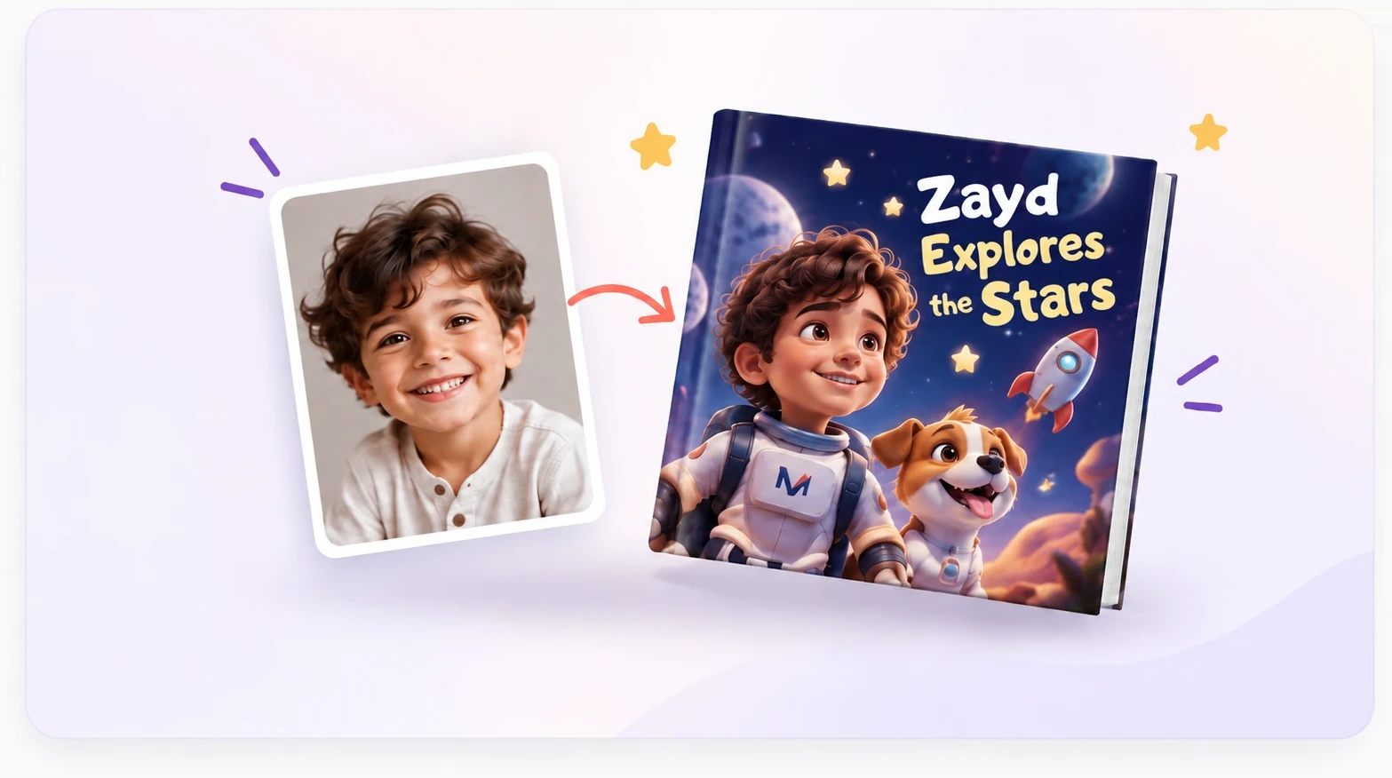 A child's photo turned into a personalised Madevia storybook, with the child as the hero on the cover